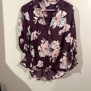Purple flower top, mid-sleeves, light weight, business casual